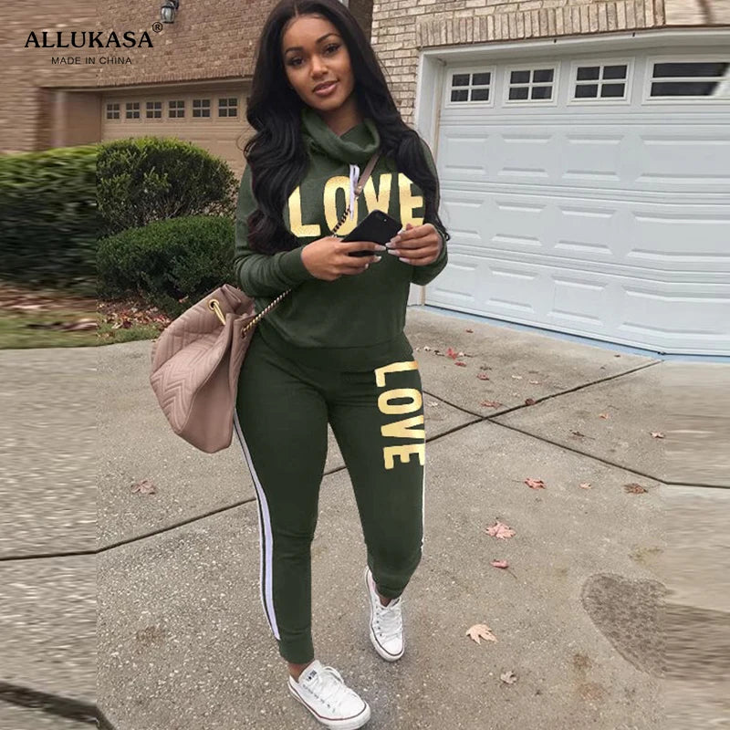 2 Piece Set Women Outfit LOVE Letter Print High Neck Hoodies Sweatshirt Pants Tracksuit 2022 Plus Size Streetwear Casual Suit