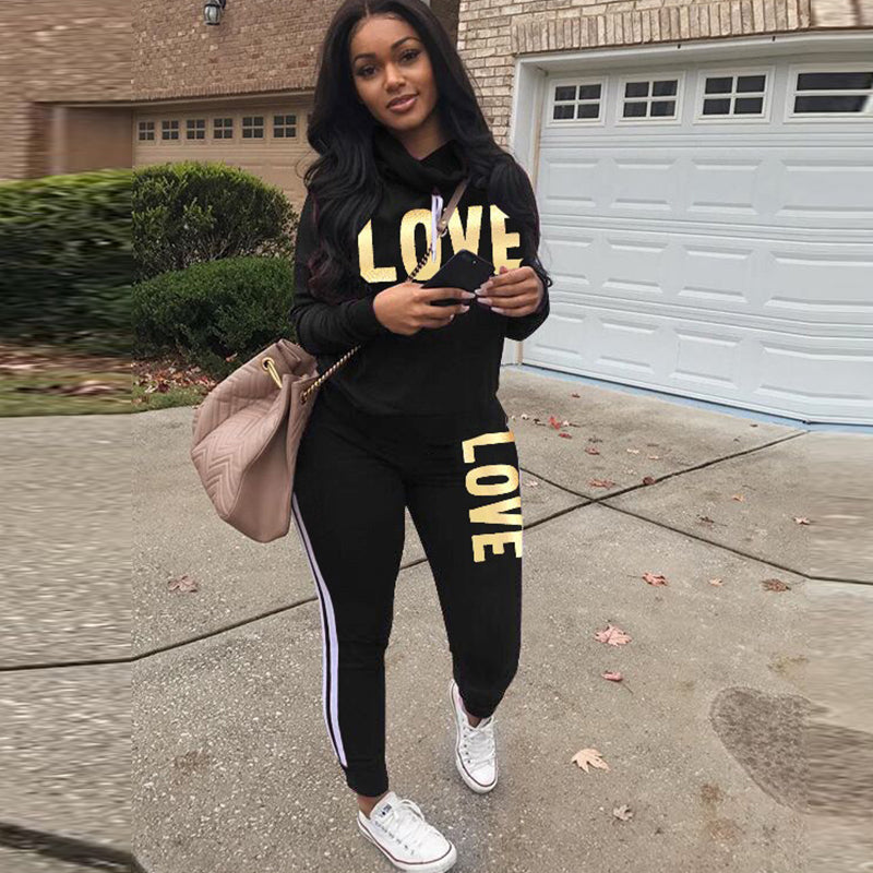 2 Piece Set Women Outfit LOVE Letter Print High Neck Hoodies Sweatshirt Pants Tracksuit 2022 Plus Size Streetwear Casual Suit